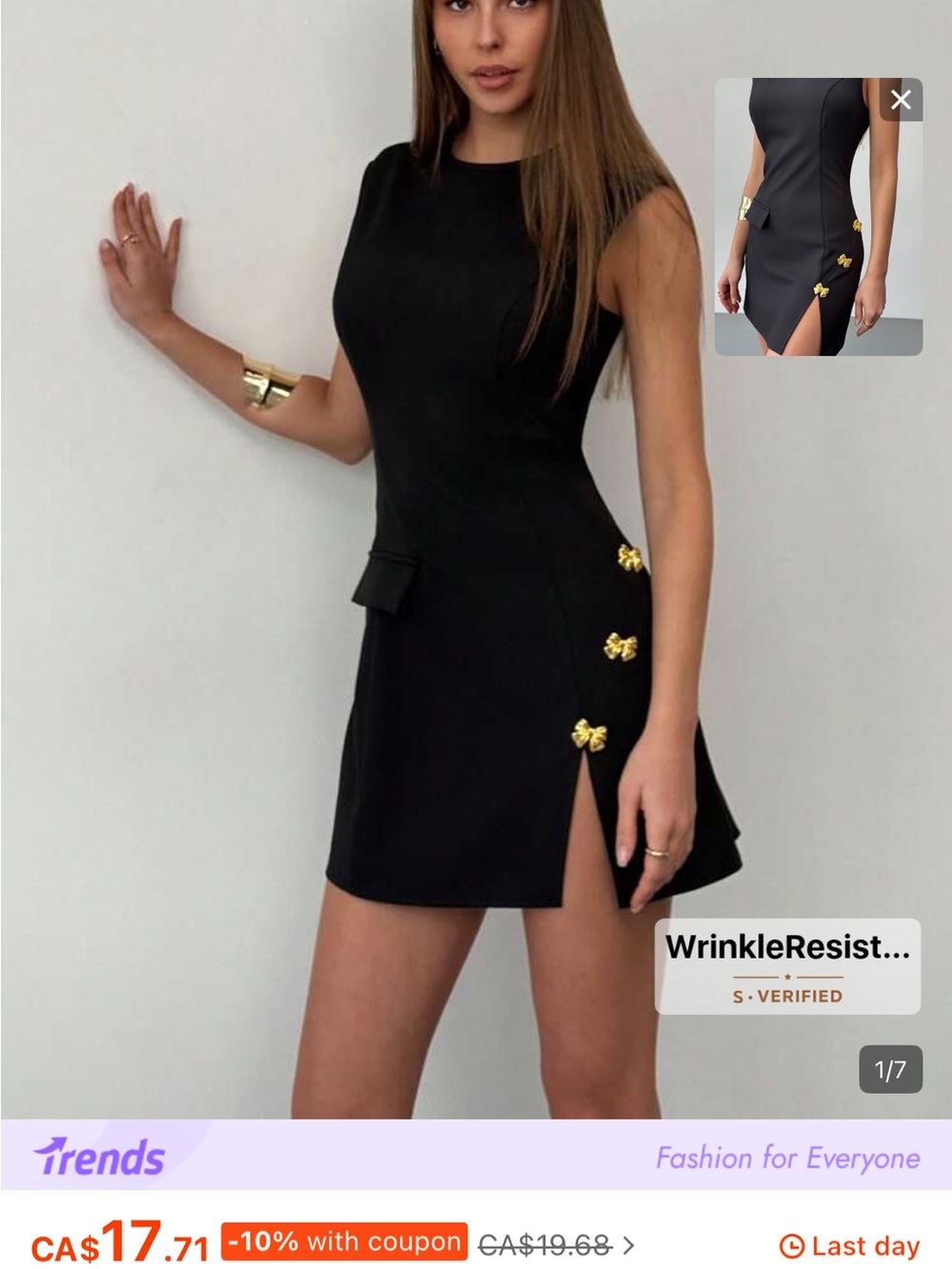 Sleeveless Black Mini Dress with Gold Bow Accents